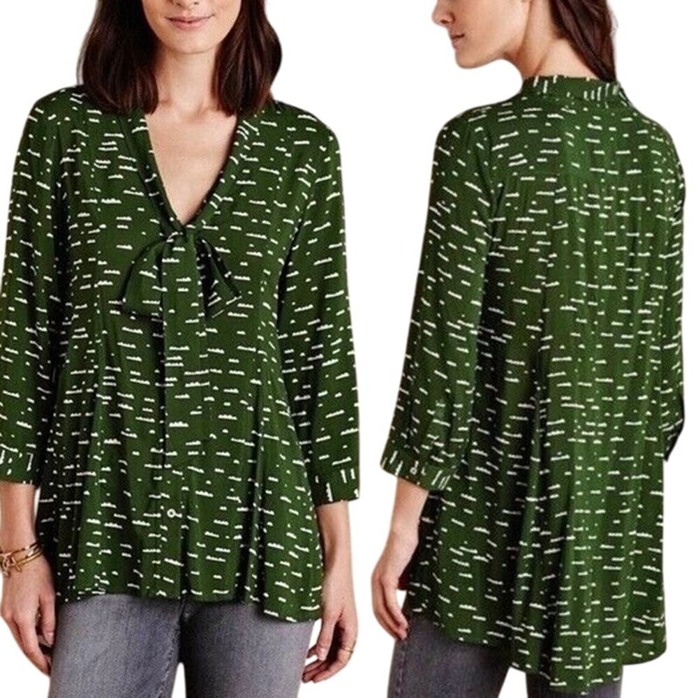 Anthropologie Maeve Green Cloud Print Tie Neck Tunic Top Size XS